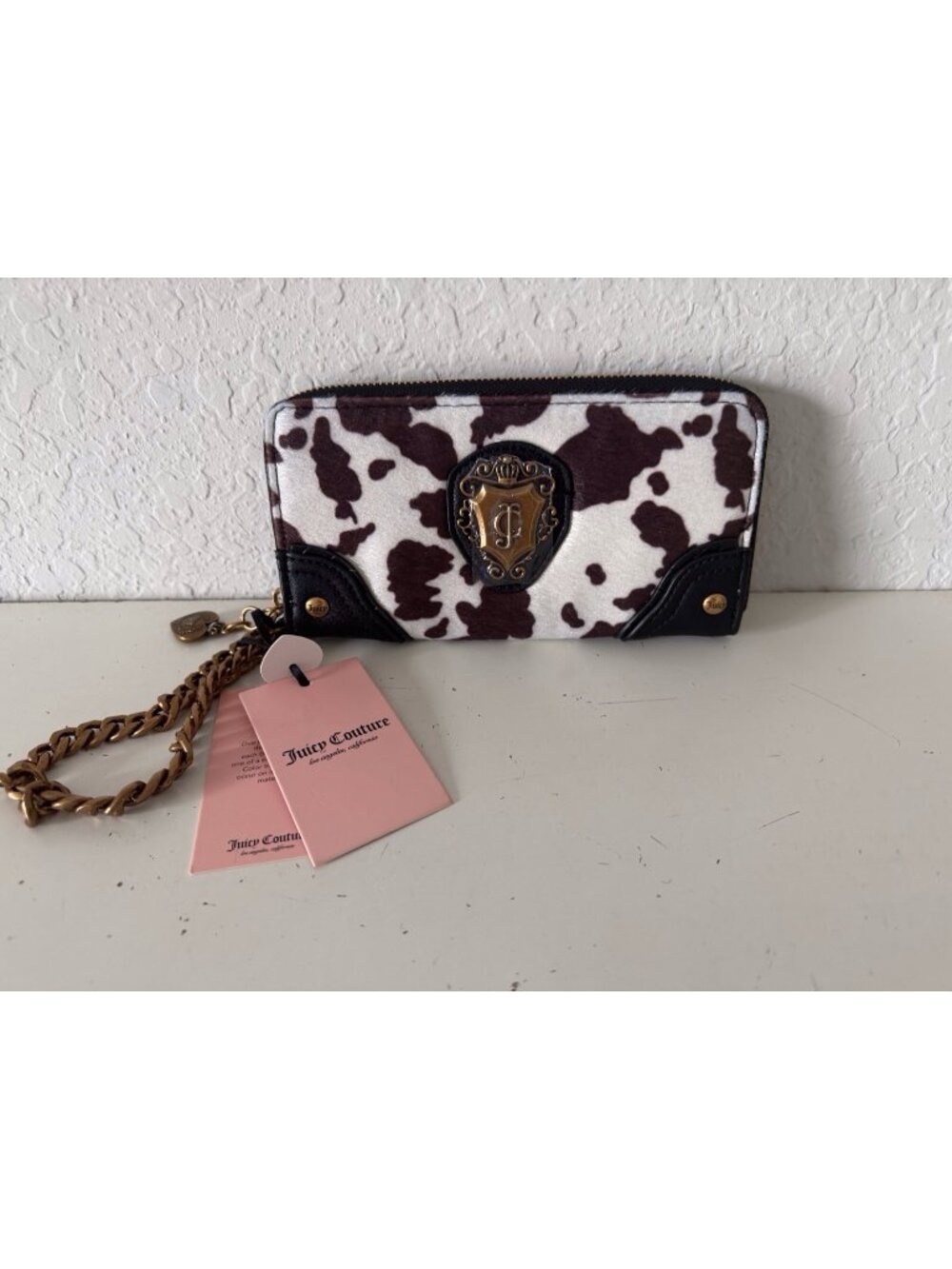 Juicy Couture Juicy Romance Cow Print Large Zip Around Wallet Liquorice White
